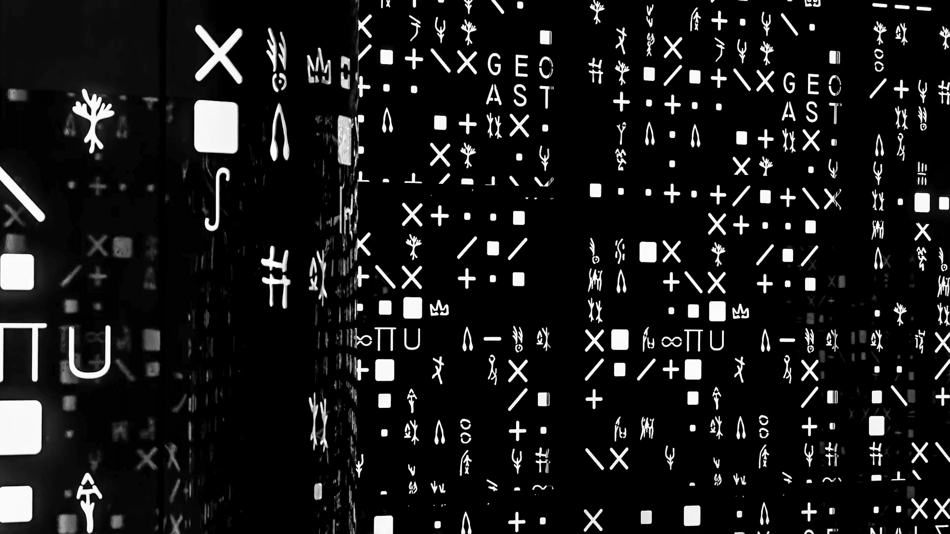 Abstract black-and-white grid of cipher glyphs evoking encoded message structure.