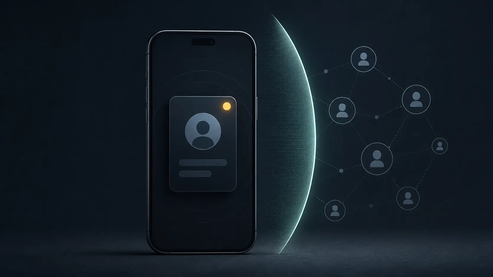 A phone keeps a contact-join notice inside its own privacy boundary while nearby contact nodes remain separate.